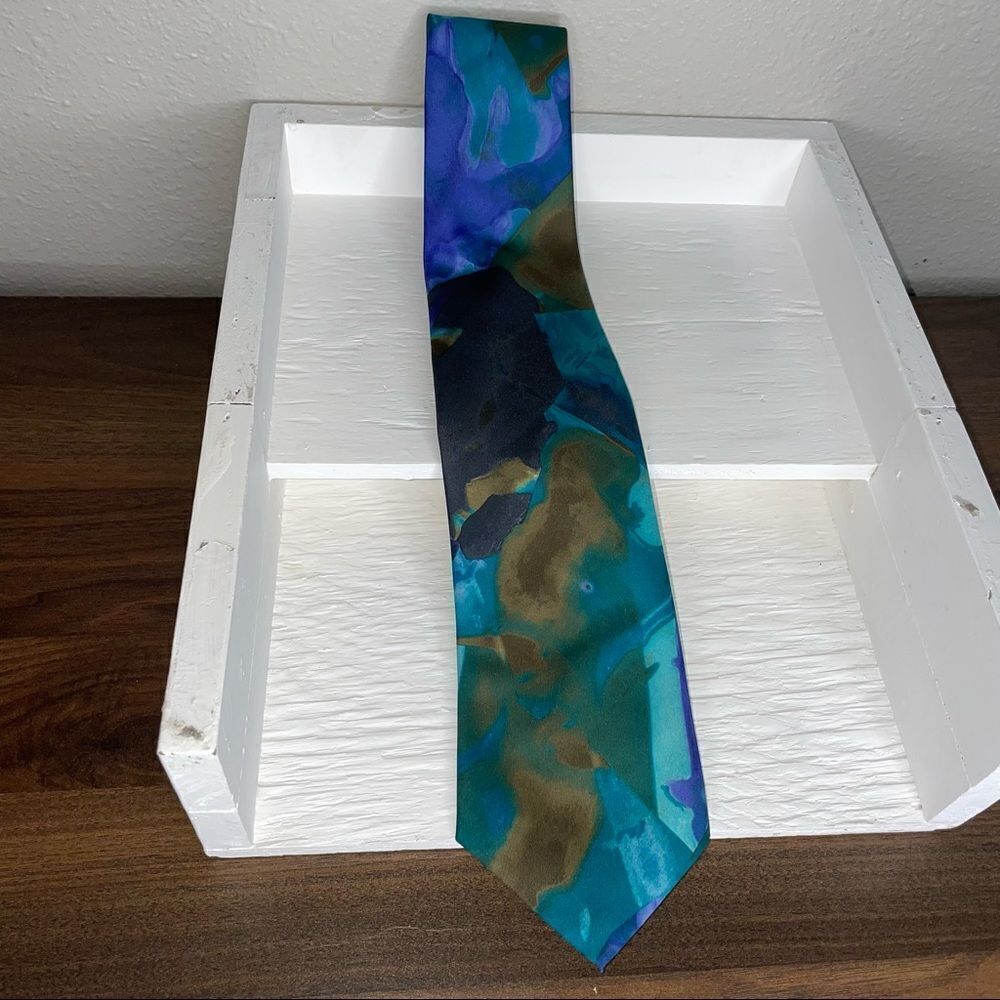Hardy Amies London Blue Aqua Tan Watercolor Necktie